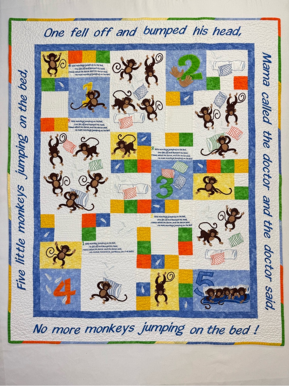 Five little monkeys jungle Handmade embroidered patchwork Crib quilt EUC